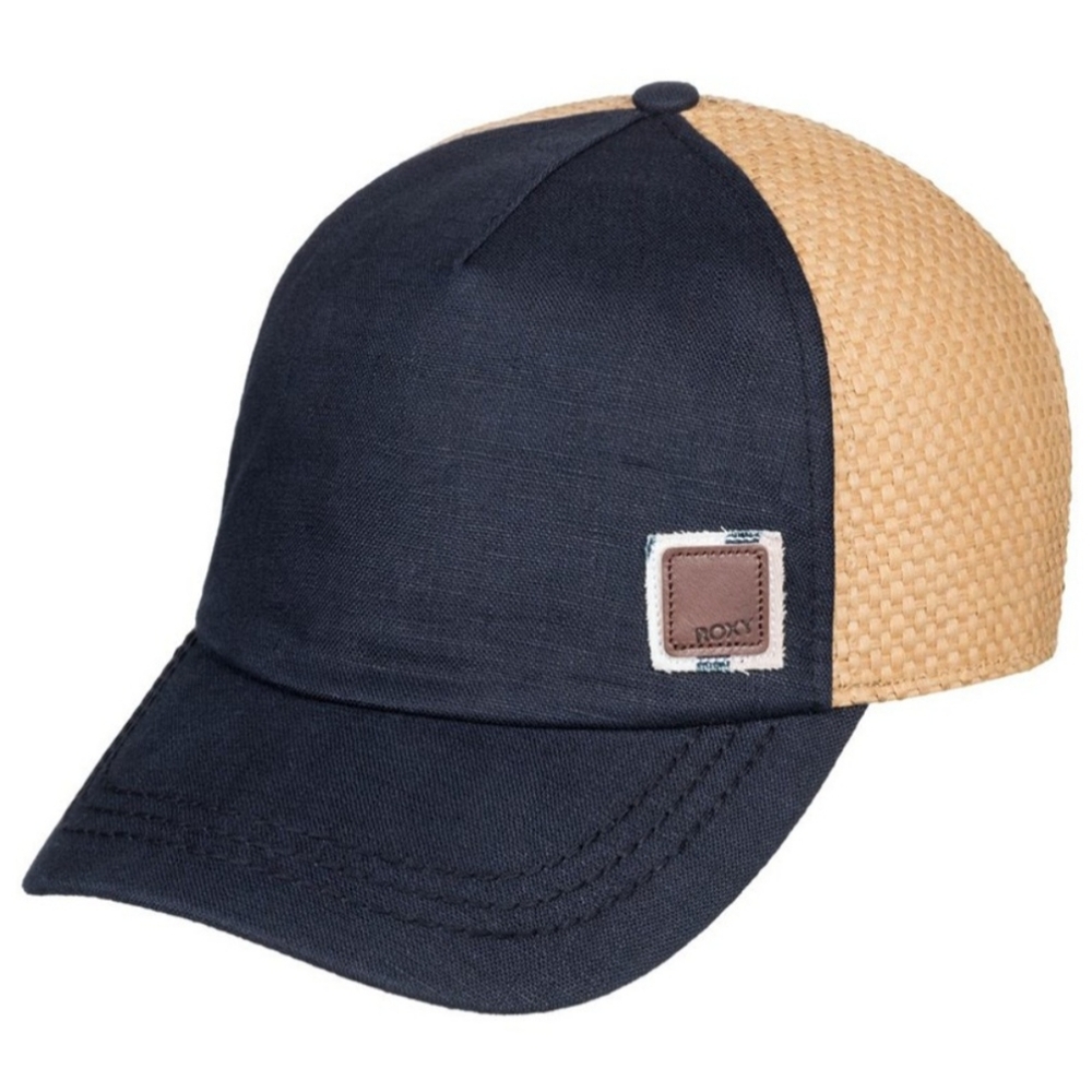 ROXY Incognito Navy Blue And Straw Trucker Hat Logo Adjustable Preppy Beach
